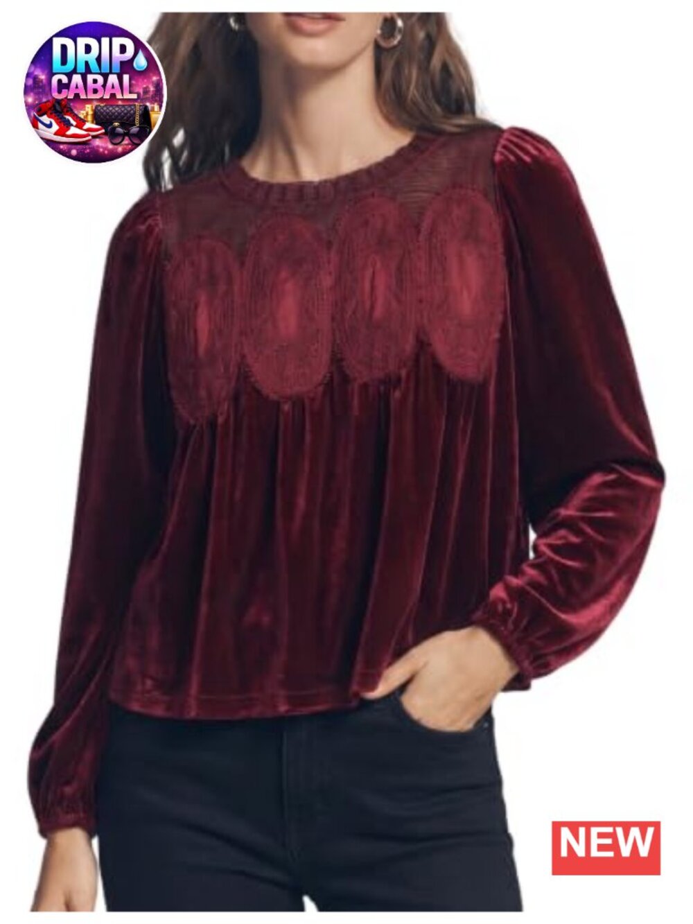 Long Sleeve Velvet Lace Blouse Crew Neck Relaxed Fit Women's Top